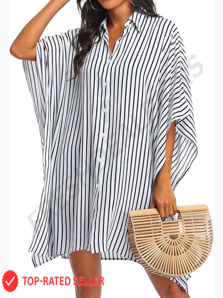 Beach Cover Up 3/4 Sleeve Button Down Oversized Shirt S-3xl